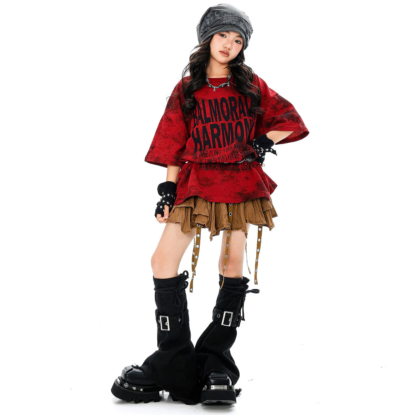 Kind Kpop Hip Hop Kleidung Rote Buchstaben Drucken T Shirt Kaffee Straße Niet Strap Falten Rock für Mädchen Jazz Dance Kostüm Kleidung