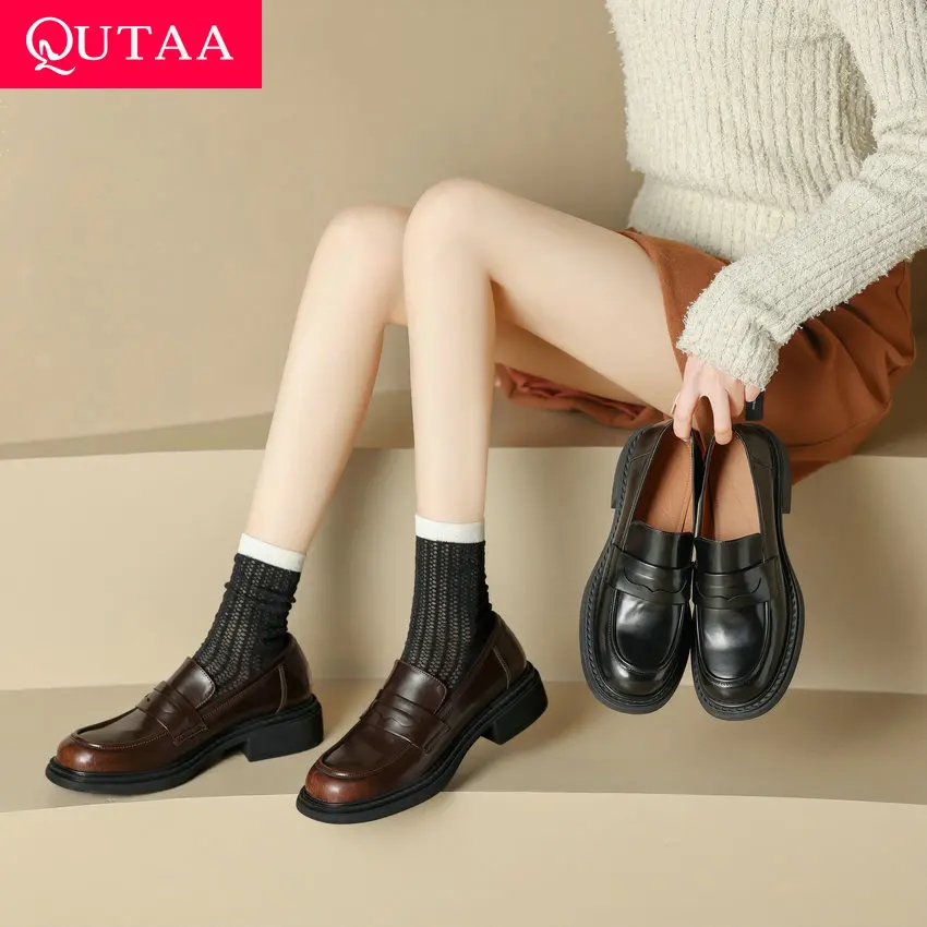

QUTAA 2024 Women Pumps Spring Summer Low Heels Genuine Leather Office Lady Working Loafers Shoes Woman New Size 34-39