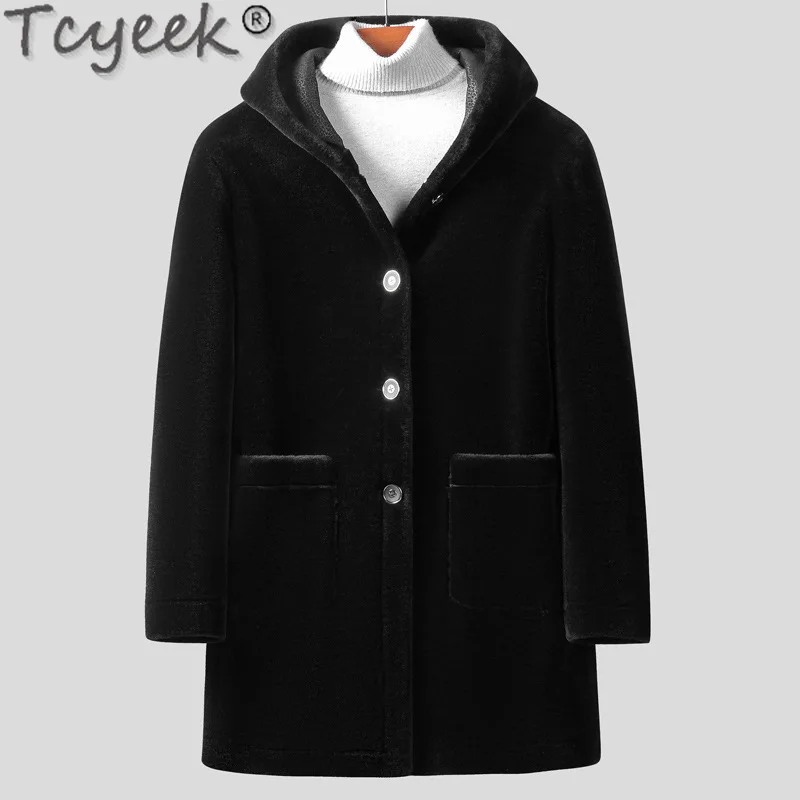 Tcyeek 100% Wool Jacket Men Clothes Warm Sheep Shearling Coat Winter Jackets Mid-length Men's Fur Coats Hooded Куртка Мужская