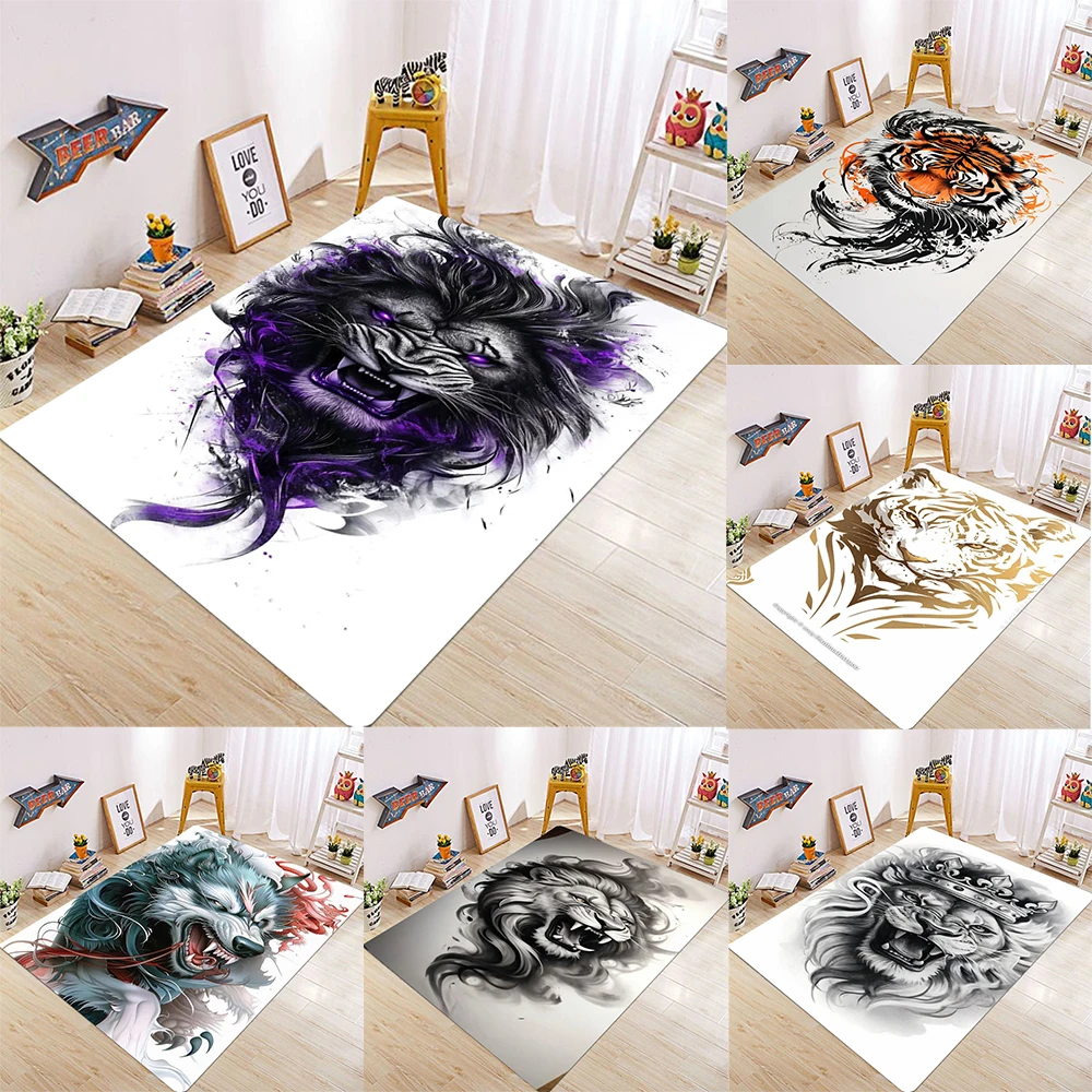 Animal Art Carpet Various Styles With Lion Wolf Smoke Crown Artistic Designs Non Slip Rug For Living Room Bedroom Decor