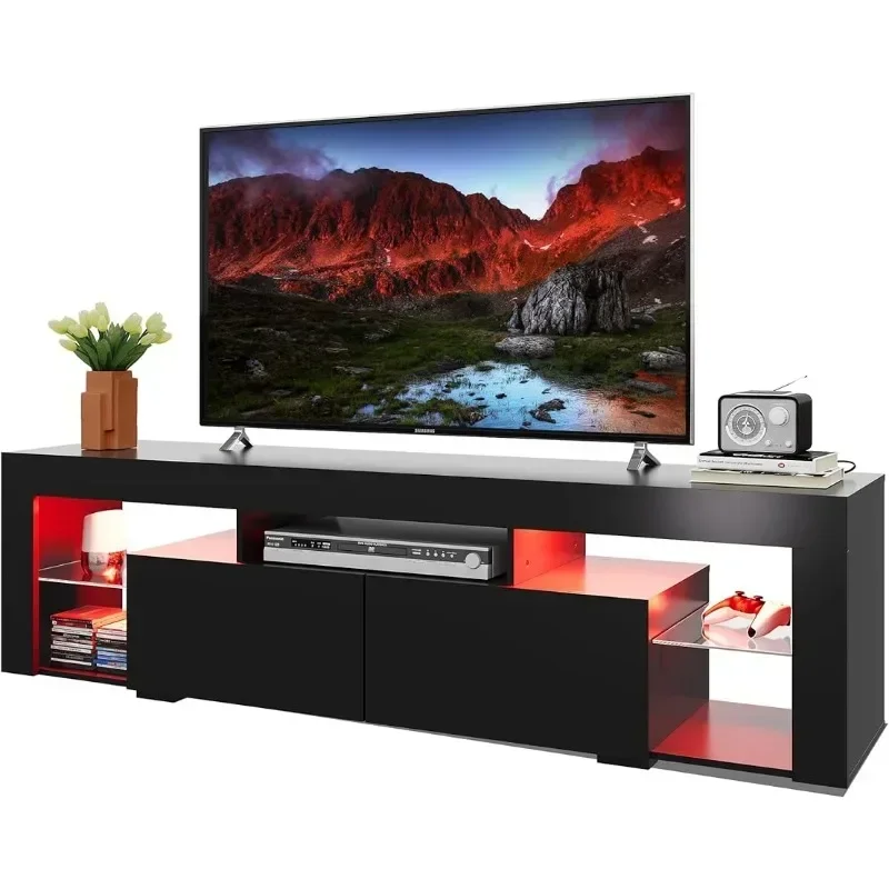 Wood TV Console With 2 Storage Drawers For Bedroom, Living Room, Gaming Media Stand With Display Glass