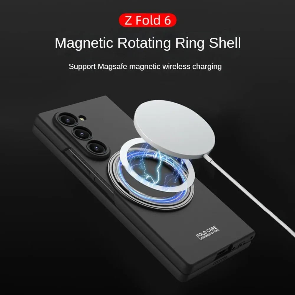 For Samsung Galaxy Z Fold 6 Magsafe Case Matte Magnetic Wireless Charging Rotating Ring Holder Tempered Film Shockproof Cover