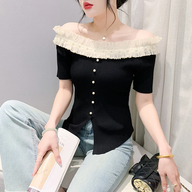 MadBlack Tshirts Women Sexy Off Shoulder Beaded Crochet Slim Knitted Pullover Tops Short Sleeve Tee Summer New 2024 T44678JM