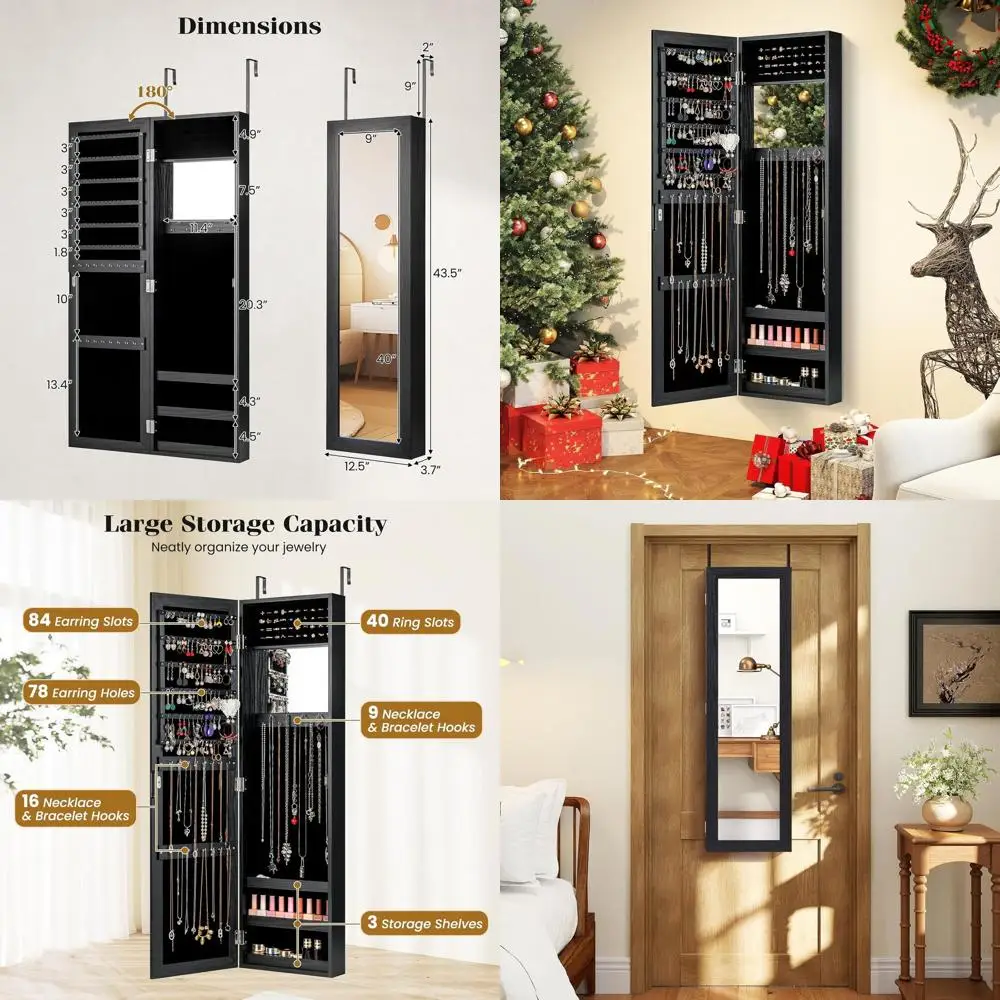 Black Wall-Mounted Full-Length Mirror Jewelry Cabinet with Over-the-Door Organizer and Velvet Interior