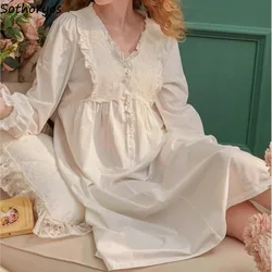 Nightgowns Women Lace Long Sleeve Princess Pleated Solid Ruffles Simple Sleepshirts Outwear Sleepwear Lady Stylish Vintage Cozy