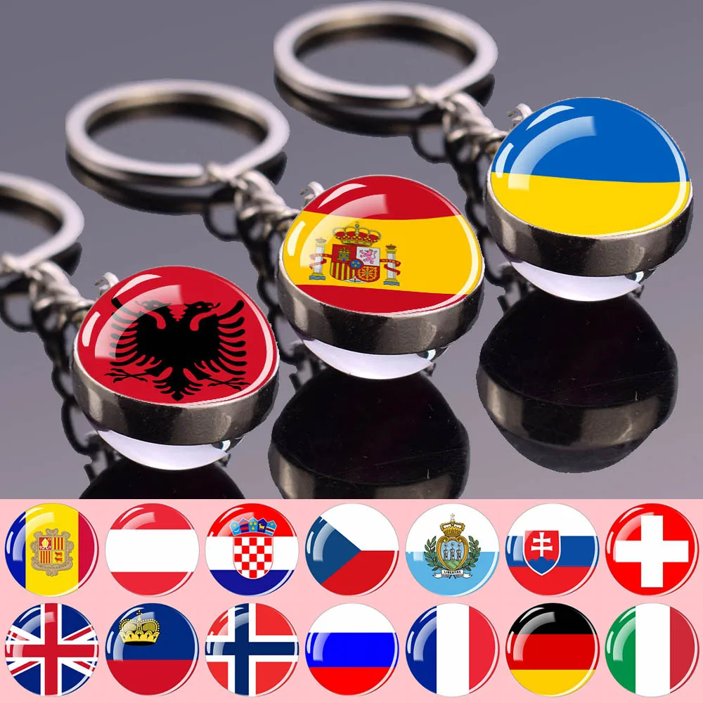 Europe Flag Keychains Albania Liechtenstein Portugal Ukraine Russia Double Side Glass Ball Key Chains National Flag Keyring