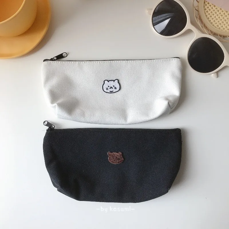 Minimalist Embroidered Canvas Triangular Pencil Case - Bear Design Cosmetic Bag for Friends & Couples