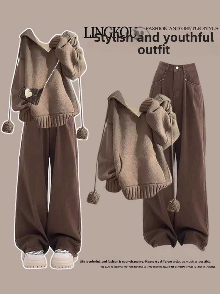 

plus Size Autumn Winter Casual Set Women's Vintage Hooded Knitted Sweater High Waist Slimming Jeans Two Piece Set Faionable