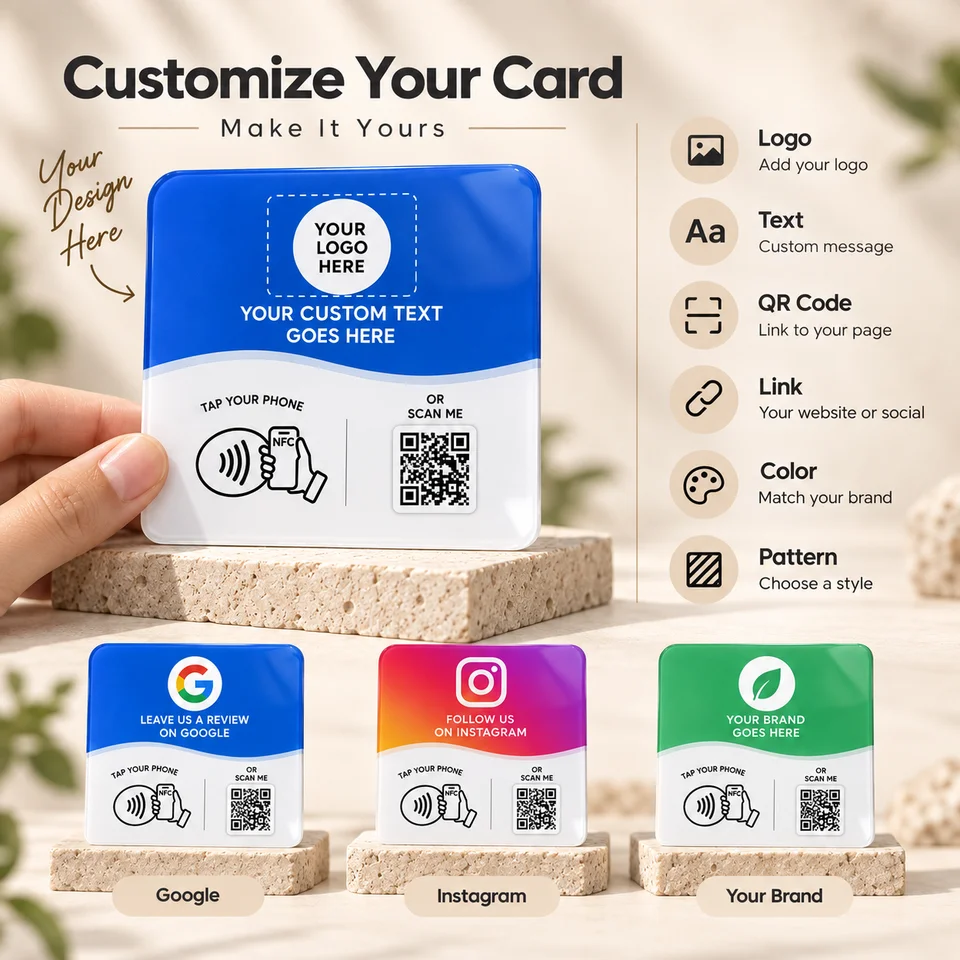 Custom Logo NFC Google Review Cards Various Acrylic Social Media Sign Contactless QR Code Recognition Plate with NTAG215 Chip
