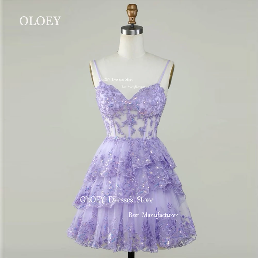 

OLOEY Exquisite Sweetheart Short Cocktail Dresses Glitter Beads Tiered Lace Spaghetti Straps Wedding Party Dresses Prom Gowns