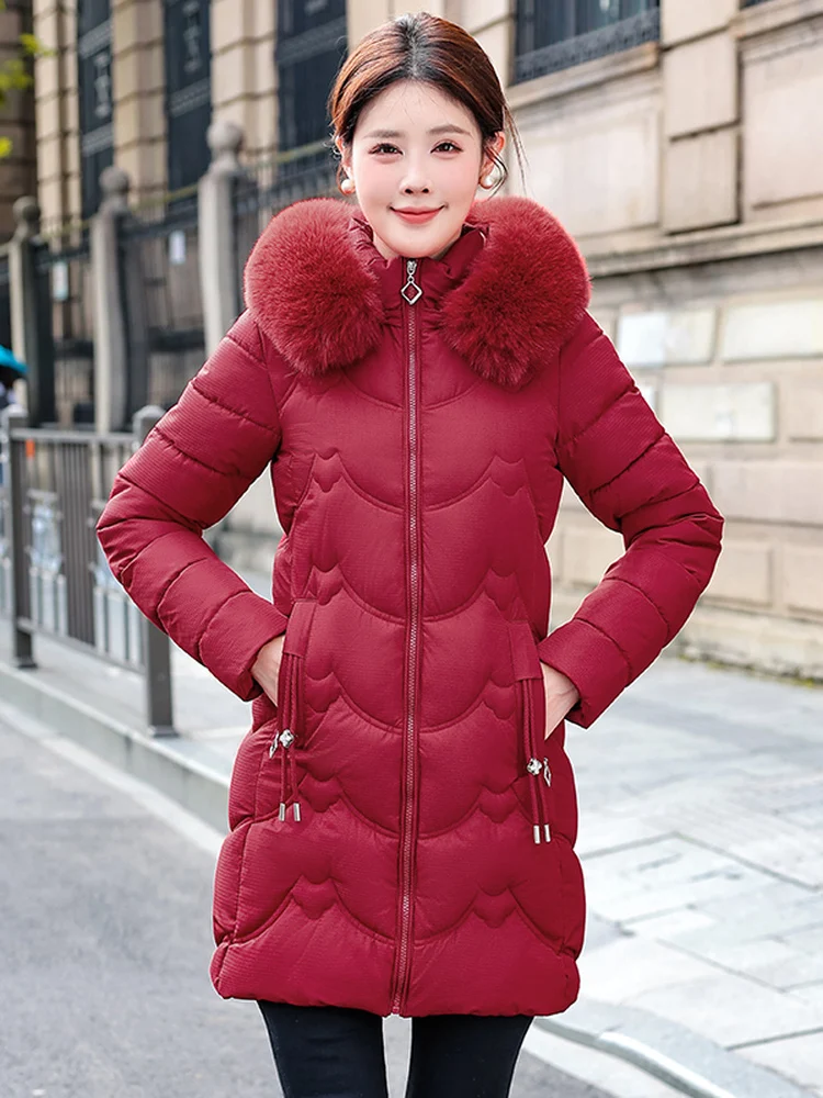 

Женское пальто Fce на подкладке, приталенное хлопковое пальто со съемным капюшоном и большим меховым воротником средней длины, длинное пальто из полиэстера