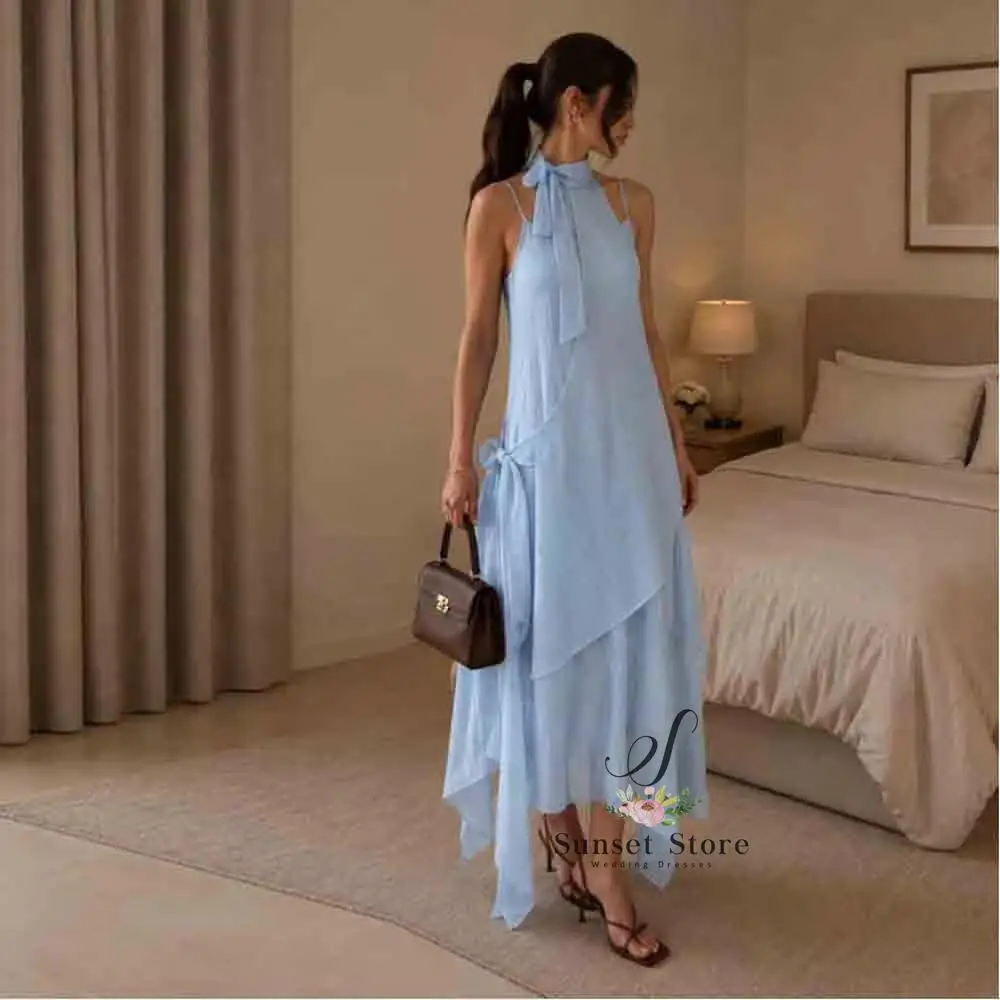 

Customized Asymmetrical Layered Prom Dress 2026 Light Blue Halter Neck Midi Dress for Women Flowy Summer Party GownAsymmetrical