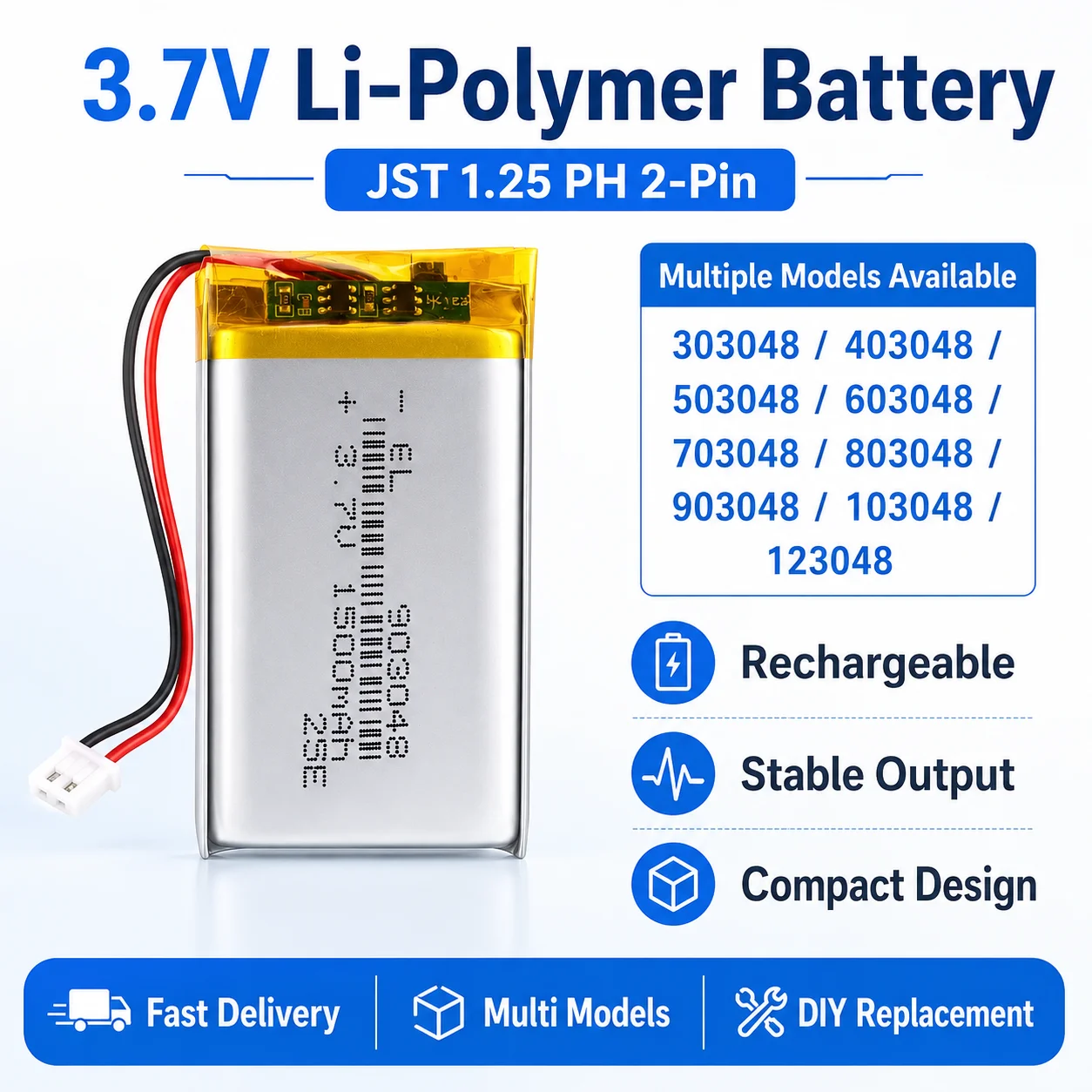 

1500mAh 3.7V 103048 Lipo Battery with JST 1.25mm 2Pin Connector Rechargeable Lithium Polymer for GPS Speaker 803048 123048