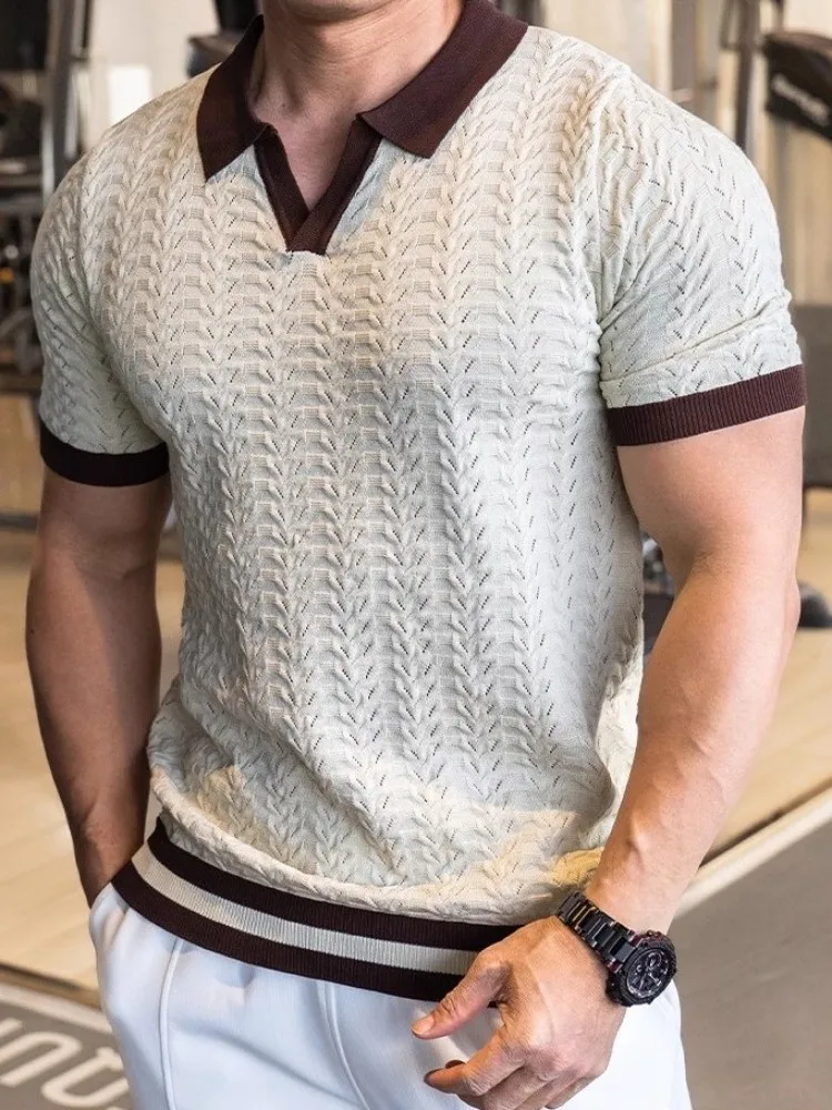 Summer Mens Knitted T-Shirt Mixed Colors Short Sleeveless Lapel Business Casual Pullover Tees Top Slim Fit Elastic T-Shirts Male