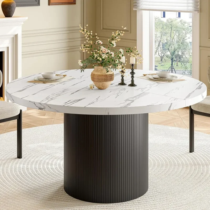 47 Inch Round Dining Table for 4-6 Marble Texture