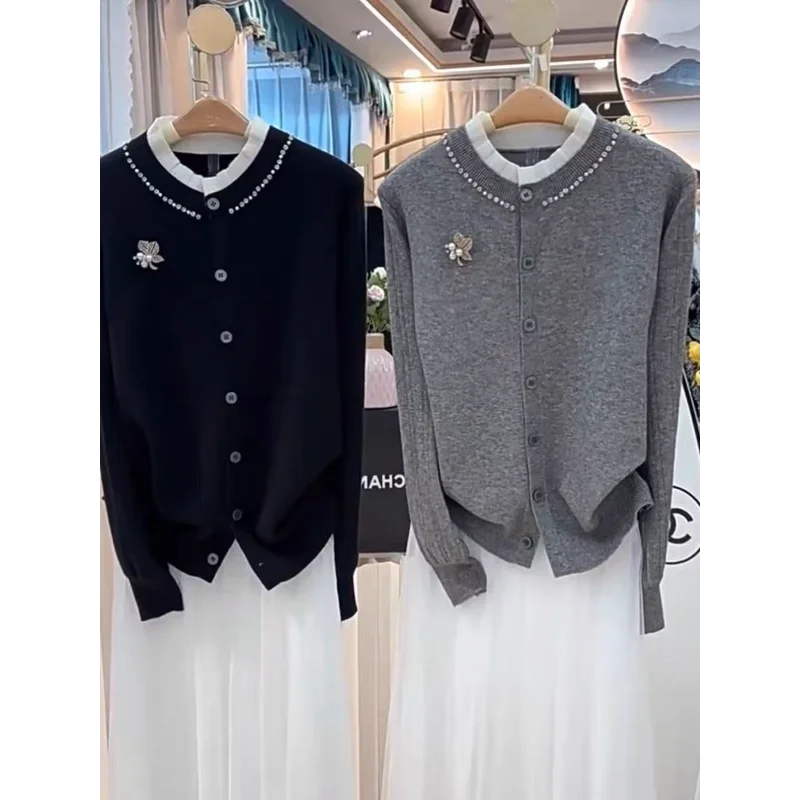 

Легкий роскошный кружевной топ с круглым вырезом и стразами, удобный элегантный топ с длинными рукавами, осень-зима 202, универсальный свитер