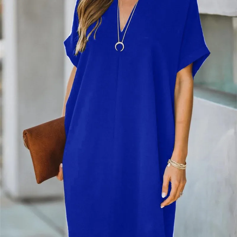 Abito da donna ampio con scollo a V e maniche corte in tinta unita, abbigliamento alla moda, abito da festa estivo femminile