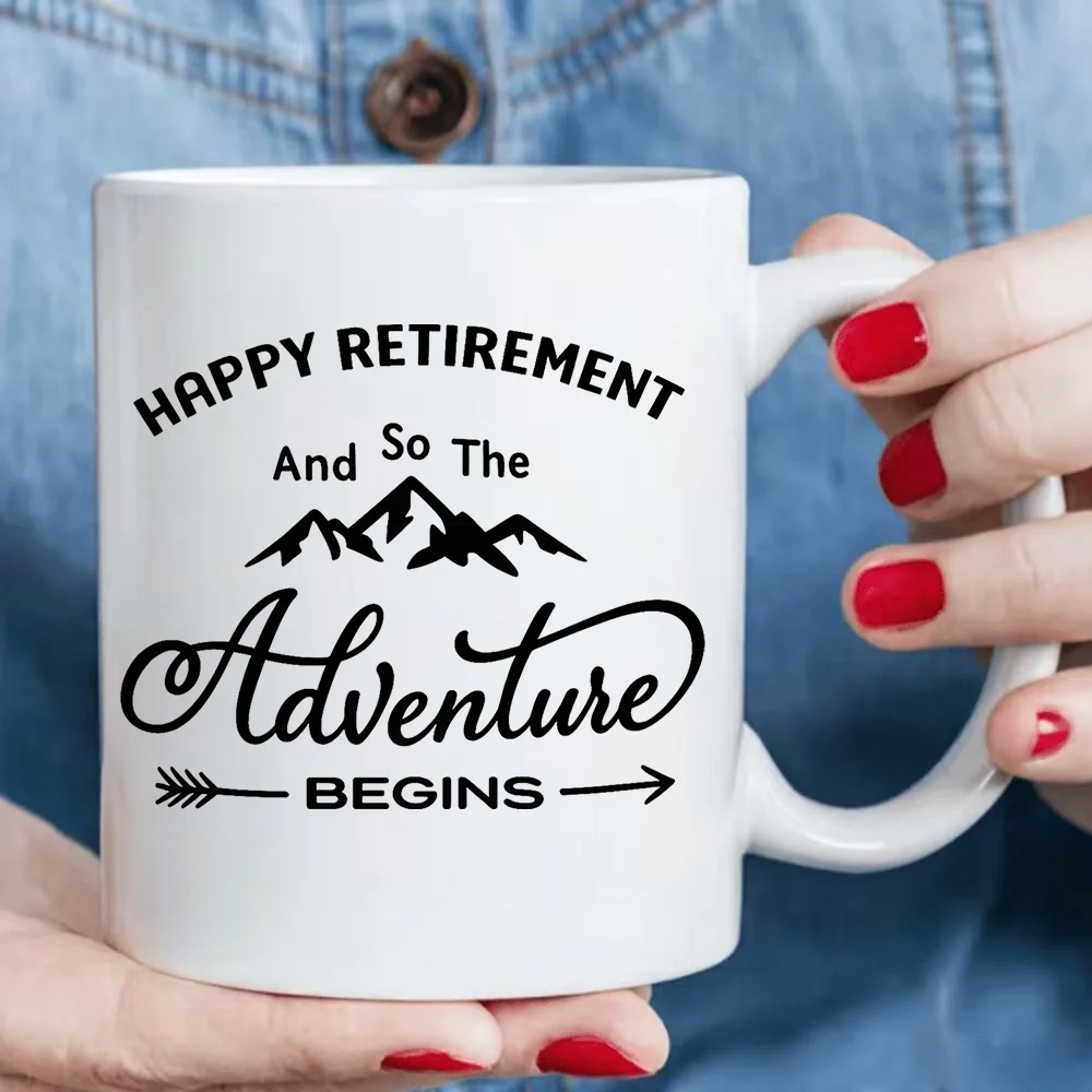 11oz Happy Retirement So The Adventure Begins Ceramic Coffee Mug with Mountain Pattern Tableware for Outdoor Activities Camping