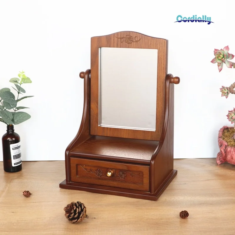 Wooden Desktop Makeup Mirror Storage Organizer Vintage Vanity Dressing Table 360° Rotatable Girls Home Decor