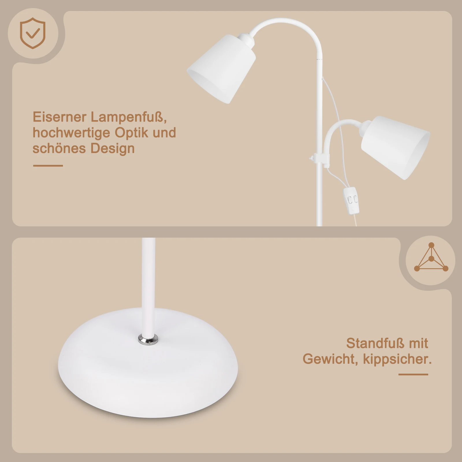 Moderne weiße Stehlampe mit 2 E27-Lampenköpfen, 360 ° Schwenkbare Leselampe, Metall-Stehlampe für Wohnzimmer-Sofa, ohne Glühbirnen – Detail 2