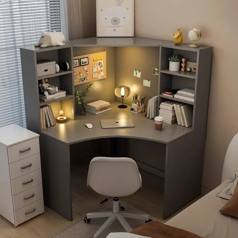 

Study table Solid wood corner computer table Desk bookshelf combination integrated desktop student writing bookcase Home bedroom