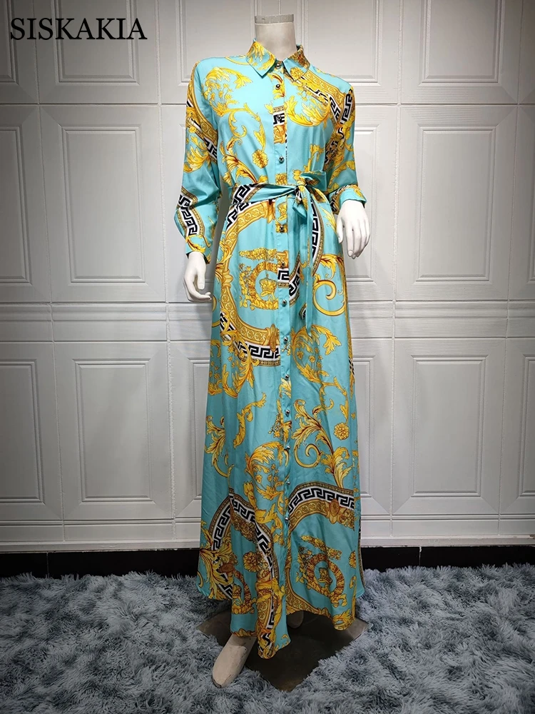 Ethnic Print Maxi Dresses for Women Single-breasted Lapel Shirt Dress Dubai Turkey Arabic Oman Middle East Clothing 2021 New