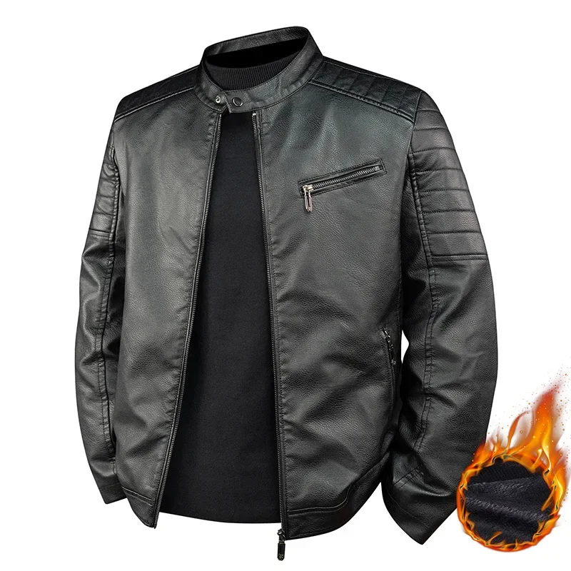 Autumn Winter Fashion Korean Style Men's Thicken Stand Collar Long Sleeve Zipper Casual Trendy Simple Basic Faux Leather Coats
