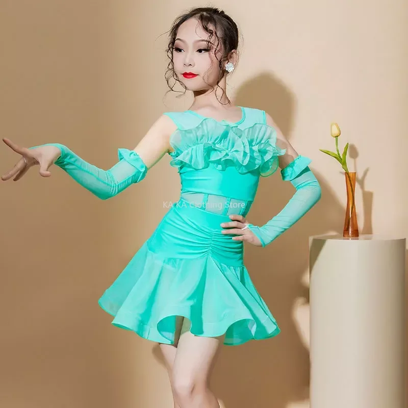 Latin Dance Costumes for Spring and Summer Girls Children's Training Costumes Performance Costumes New 2024 Lace Large Skirt