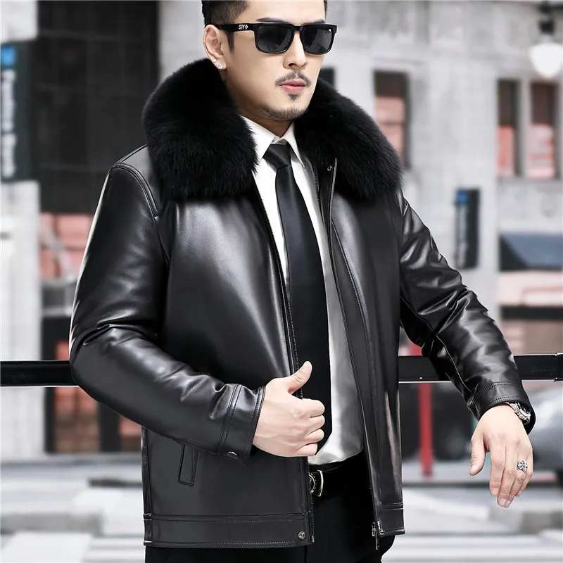 

Men's Winter Sheepskin Genuine Leather Jacket Fleece-Lined Golden Mink Inner Lining Warm Leather Coat for Men