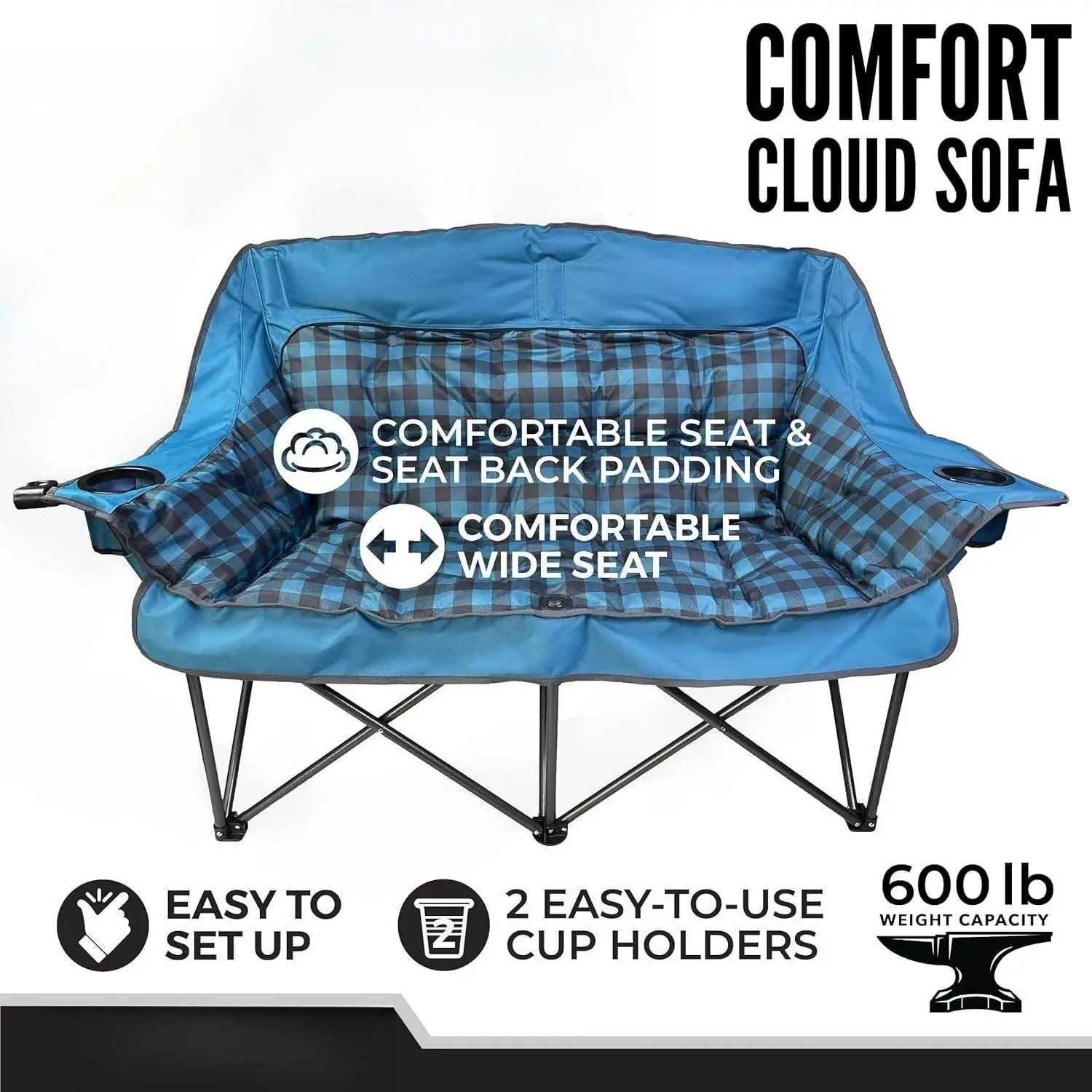 Sedia da campeggio doppia per adulti, divanetto pieghevole di grandi dimensioni supporta 600 libbre, divano da esterno imbottito in peluche con tazza