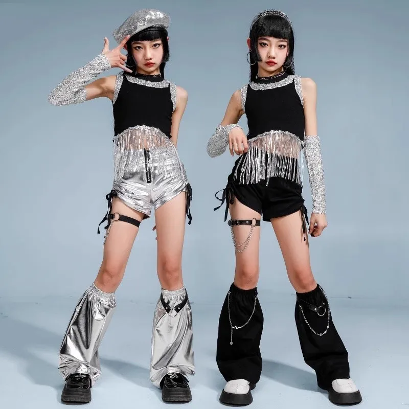 الفتيات الهيب هوب الترتر الفضة المحاصيل الأعلى البضائع السراويل الشارع الرقص السراويل طفل K-pop الجاز الملابس مجموعة الطفل أنيقة الشارع الشهير زي