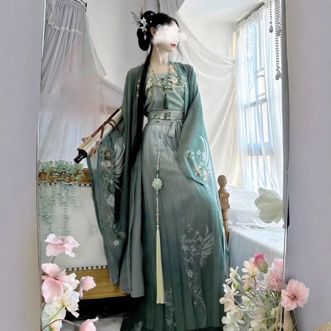 هان الملابس أغنية المرأة النمط الصيني التقليدي المطبوعة الخصر مطوي تنورة تنفس الربيع والخريف