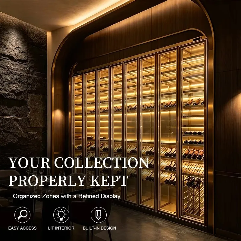 Airo Commercial Custom Stainless Steel Wine Cooler Temperature Control Glass Door Display with LED Lighting Organized Shelving