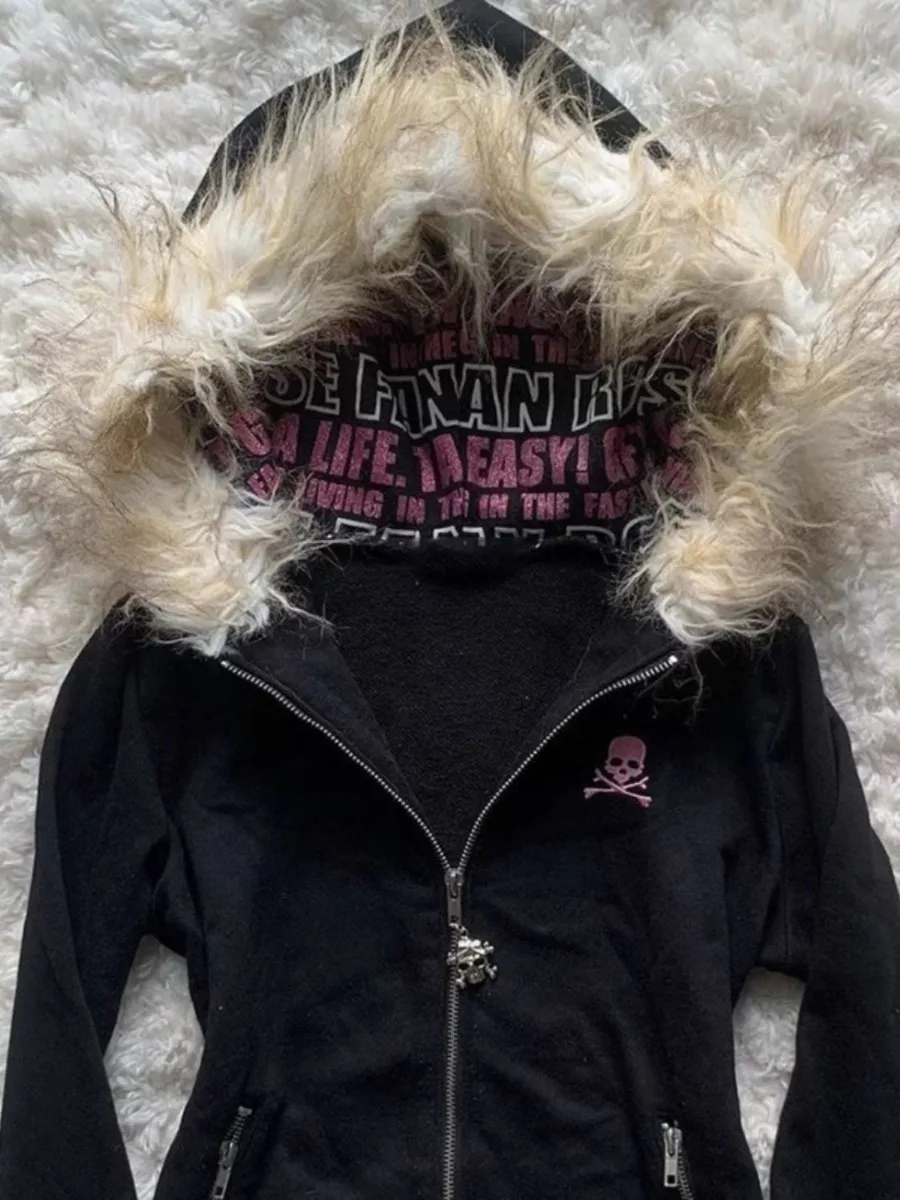Gothic Y2k Black Punk Hoodie Women Zipper Sweatshirt Vintage Letter Print Autumn Streetwear Grunge Outerwear Hooded Jackets Chic