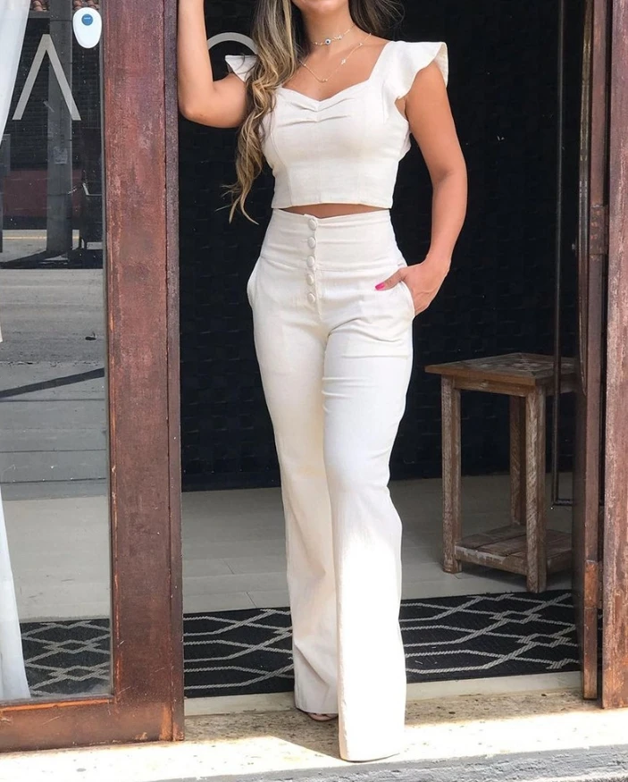 Women Sweet New Flutter Sleeve Zip Back Top & Button High Waist Pants Set Female Fashion Trousers Sets Casual Two Piece Outfits