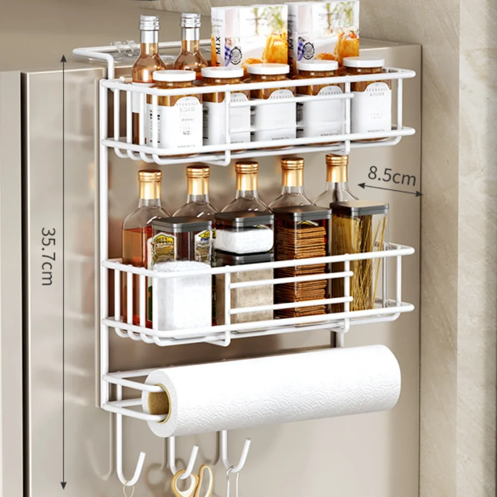 Kitchen Refrigerator Side Shelf 1/2/3 Layers Storage Multifunctional with Hooks Storage Rack Spice Storage Rack