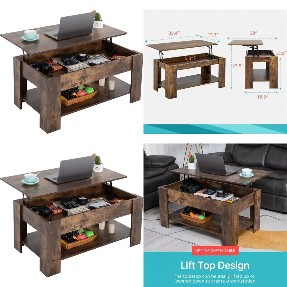 

Деревянный журнальный столик с подъемным верхом и секретным отделением и полкой для хранения, 39,4 коричневый для дома, гостиной, приема, офиса