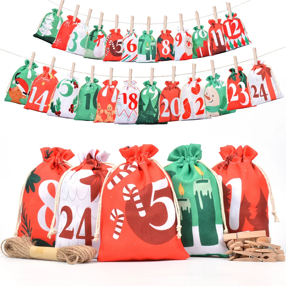 

72pcs/lot Christmas Calendar Hanging Bag Cotton Linen Drawstring Bags With Wooden Clips And Hemp Rope Gift Candy Packaging Pouch