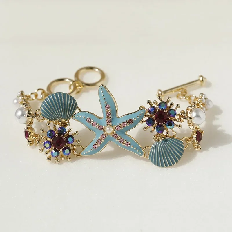 Women  Multicolor Starfish Shell Shining Rhinestones Chain Bracelet Beach Jewelry