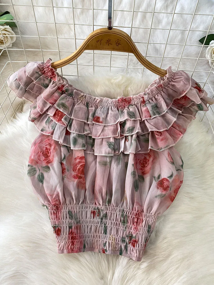 Summer Beach Vacation Chiffon Set Women's New Fashionable Printed Ruffle Edge One Neck Top Bow Tie Half Skirt Two-piece Set S431