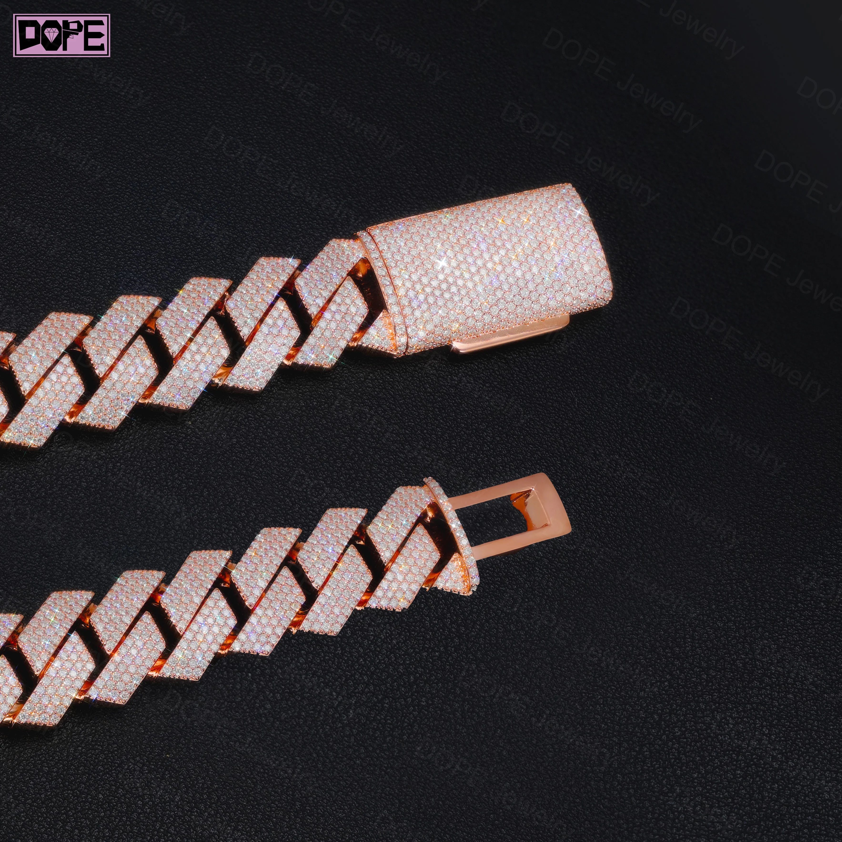 Hop Hip 20mm Cuban Link Chain 925 Silver Rose Gold Plated Iced Out Thick Bust Down Moissanite Cuban Chain.