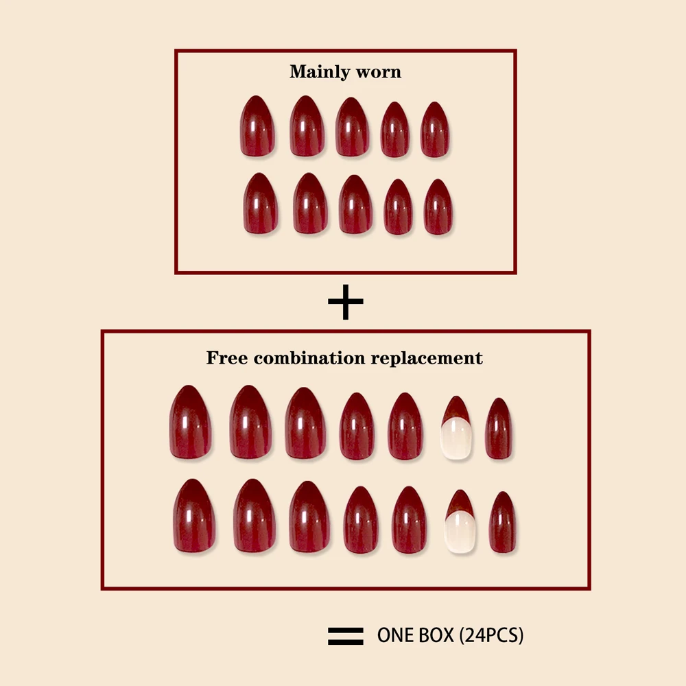 فن الرسم على الأظافر الفرنسية اضغط للنساء والفتيات ، لوز متوسط عصري ، نبيذ أحمر ، شرائح هندسية ، تغطية كاملة ، أظافر مزيفة يمكن ارتداؤها ، 24 طقم