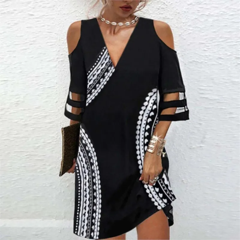 Vestido suelto estampado para mujer, vestido informal de encaje de manga corta con cuello en V, vestido de moda de retazos de malla calado, vestido de fiesta en la playa para mujer 2024