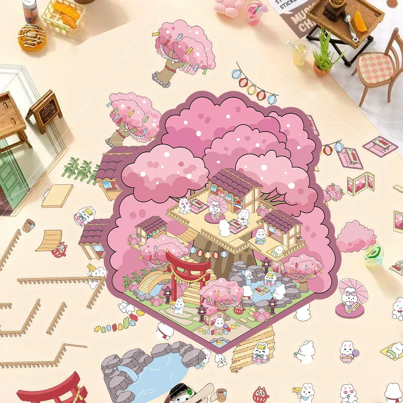 3D Cartoon Landscape Stickers Sakura Hot Spring Sake House Miniature World Stereoscopic Cabin Decompression DIY Scene Sticker