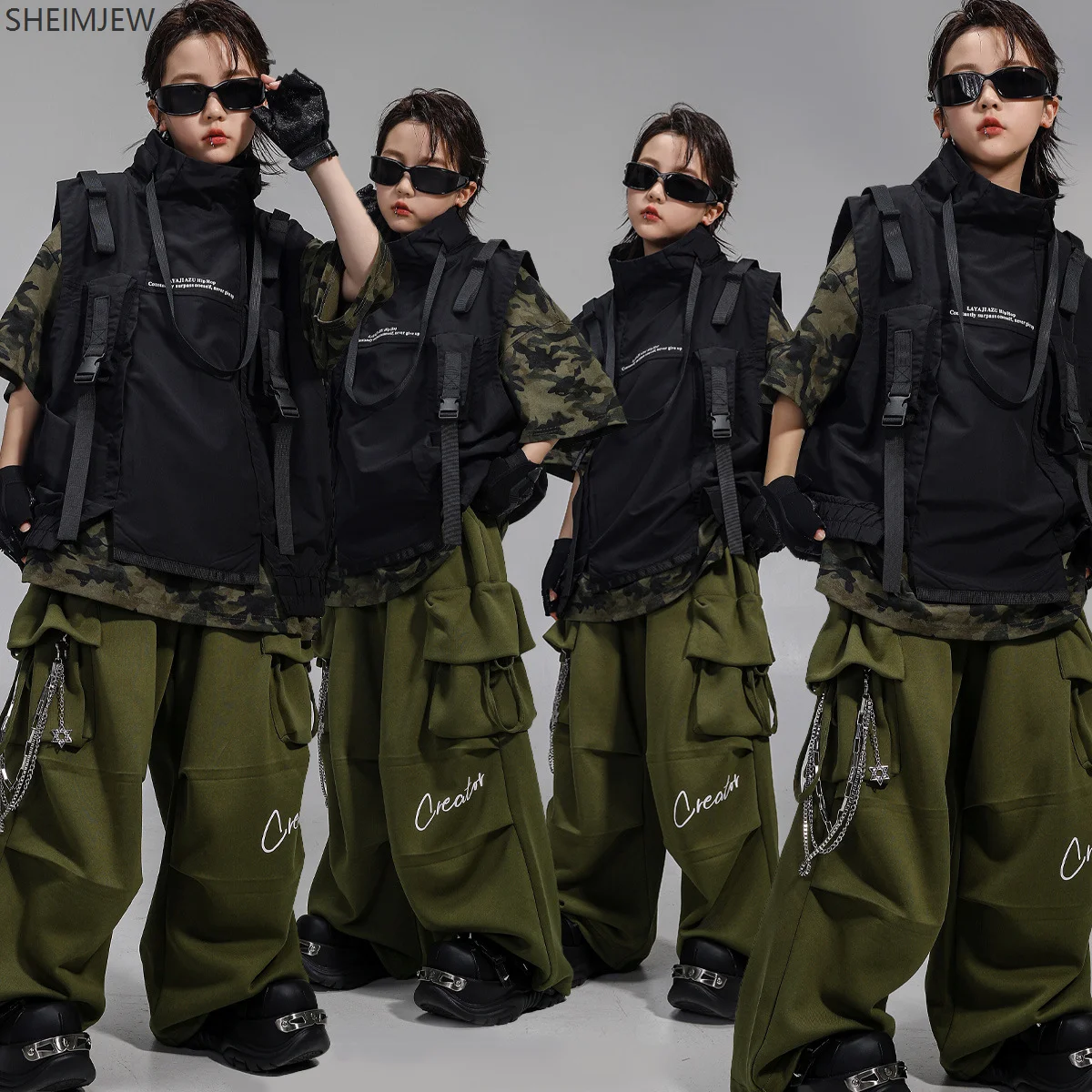 

Boys Hip Hop Turtleneck Vest Camouflage T-shirt Overalls Cosplay Kpop Girls Korean Wave Suit Children's Jazz Dance Streetwear