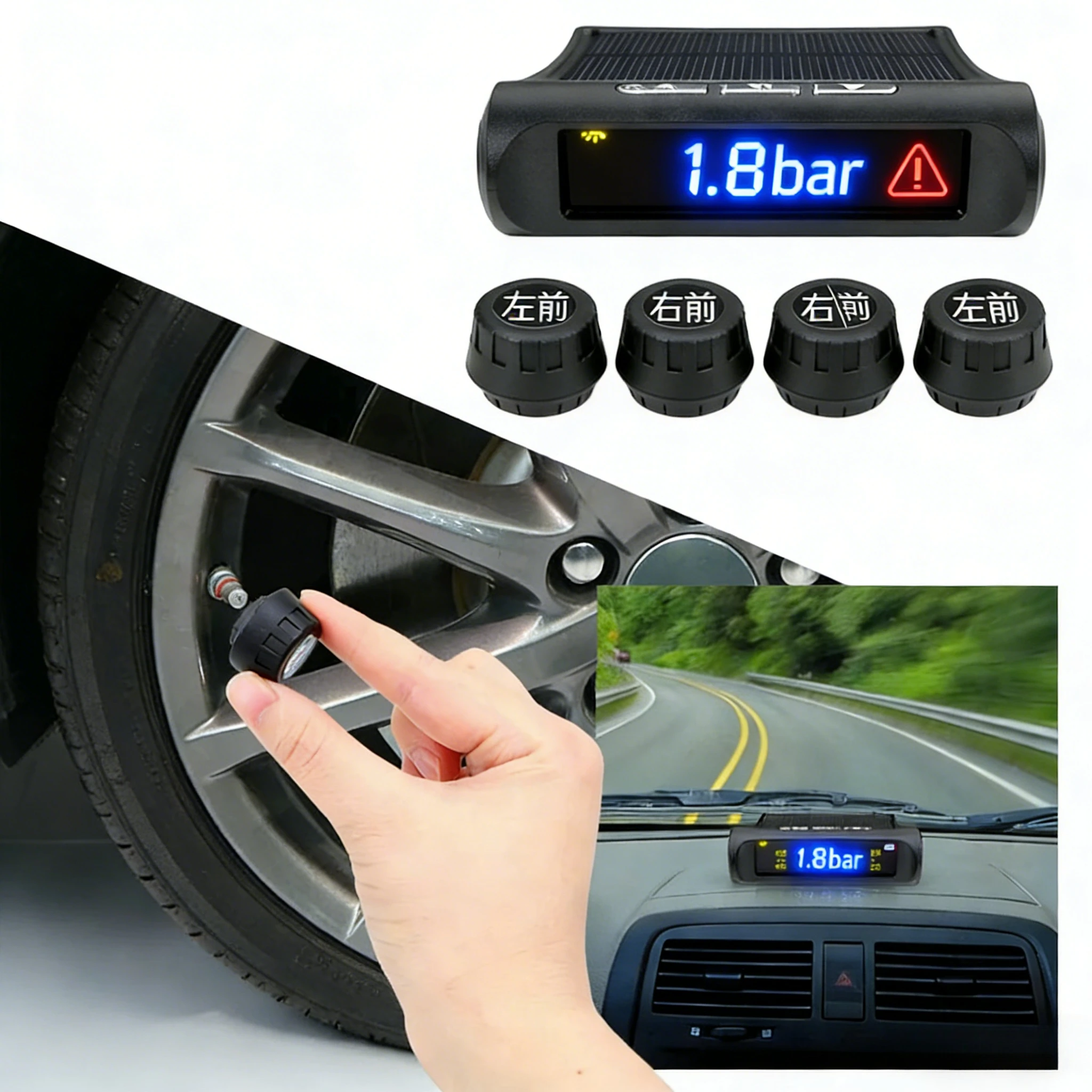 Système de surveillance de la pression des pneus (TPMS) pour voiture à 4 capteurs, alimenté par énergie solaire, avec écran LCD numérique, alarme de sécurité automatique, testeur automobile.