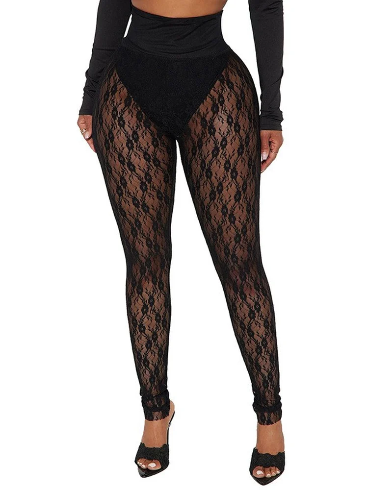 Sexy Lace Hollow out Color Fishing Net Tights Tight Fit Base Layer Pants High Waist Polyester Fiber Street Style Stage ...