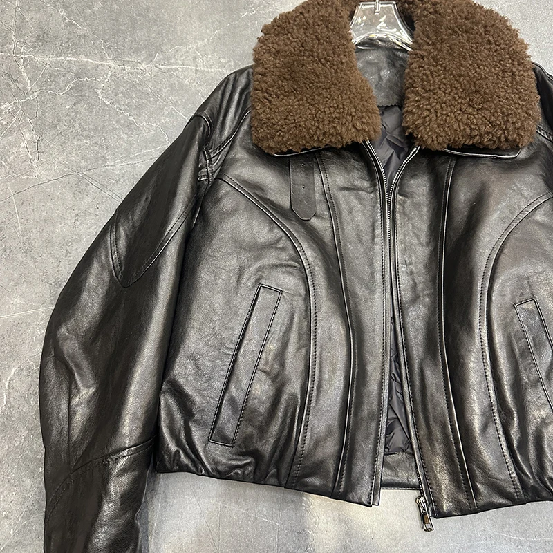 Winter donsjack dames geïmporteerd koud brouwen olie wax schapenvacht ganzendons jas wollen bontkraag rits losse korte gewatteerde jas