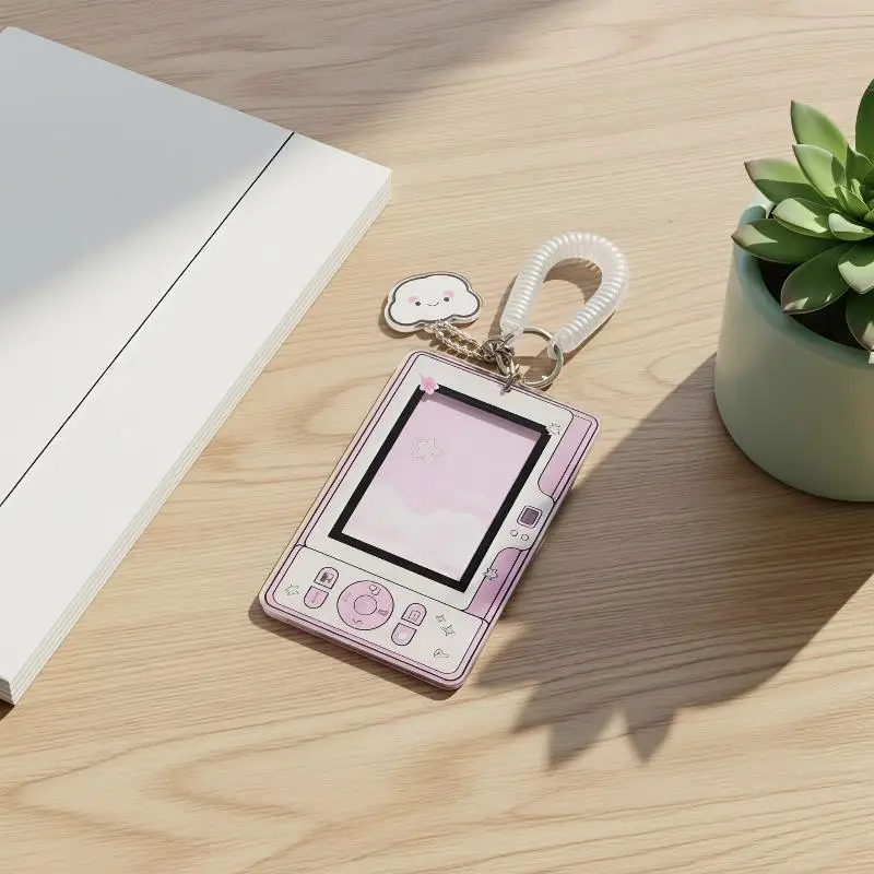Cute Camera Shaped Acrylic Photo Card Holder with Coil Lanyard Clear Window Dustproof for Idol Card Bank Card Storage