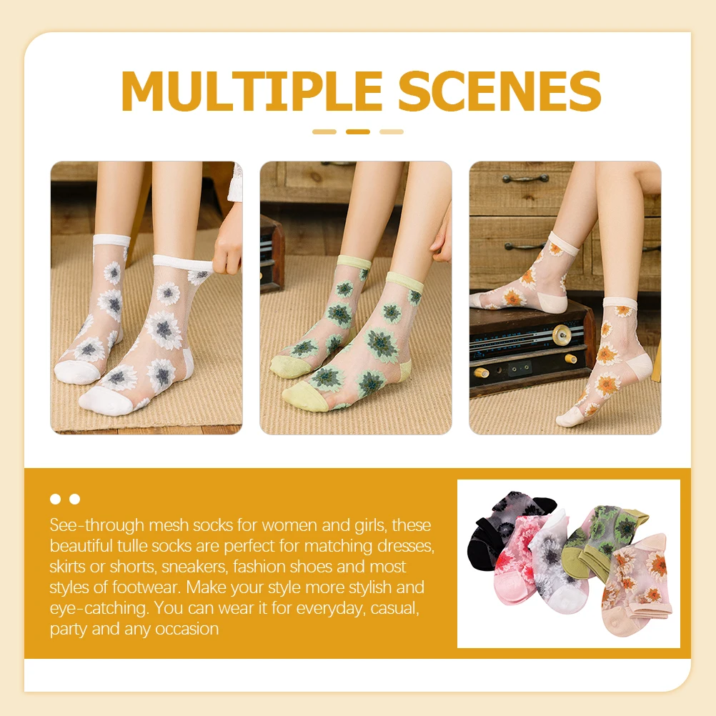 

5pcs 5 Pairs Sheer Mesh Socks Women Floral Lace High Quality Transparent Summer Breathable Spring Autumn Gifts